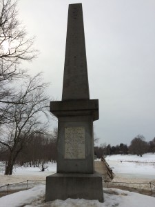The monument at the Old North Bridge, erected on the 60th anniversary of the Declaration of Independence and the 61st anniversary of the battle.