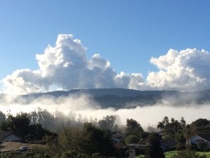 looking south down towards the Santa Ynez River - early morning marine layer fog and quickly building cumulus clouds (possibly building to cumulonimbus latter in the day?)