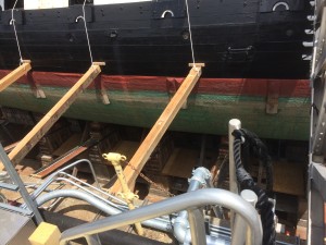 Part of this round of dry dock work, expected to last 3 years, is a full replacement of the copper plating protecting the hull.  The copper plates protect the wooden hull from organisms.  The original plating was put on in this dry dock and was manufactured by Paul Revere's company