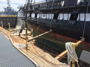 Another shot of the keel and the caisson structure.  Note in the background is the USS Cassin Young, a WW2 Fletcher class destroyer.  We did not have a chance to visit her on this trip but I would like to in the future http://www.nps.gov/bost/learn/historyculture/usscassinyoung.htm  The Ship in the 1940s. USS Cassin Young was built by Bethlehem Steel Corporation at San Pedro, California and commissioned on December 31, 1943. Assigned to the Central Pacific, Cassin Young first experienced combat in April 1944, attacking Japanese strongholds in the Caroline Islands. In June, the ship escorted American amphibious forces that invaded the islands of Saipan, Tinian and Guam. In August, the ship was reassigned to Task Group (TG) 38.3, which included several aircraft carriers. For the remainder of the Pacific war, Cassin Young would be in the forefront of the naval offensive against the Japanese.