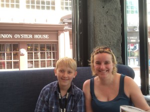 After visiting the USS Constitution, we are enjoying refreshing beverages, burgers and chips at the Bell and Hand pub - the oldest pub in Boston (founded in 1795 by the town crier).  Across the street is the famous Union Oyster House.  We had a wonderful cross breeze here which was nice on such a warm day