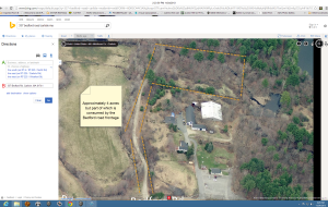 Bing maps, bird's eye view of my property. Orange dotted lines are an approximation of the lot lines (the lot is a "pork chop" with the required footage on Bedford Road. The old Bates dairy setup with the large barns and outbuildings abuts my property and now belongs to the Kimballs, who have a string of ice cream stands that are very successful